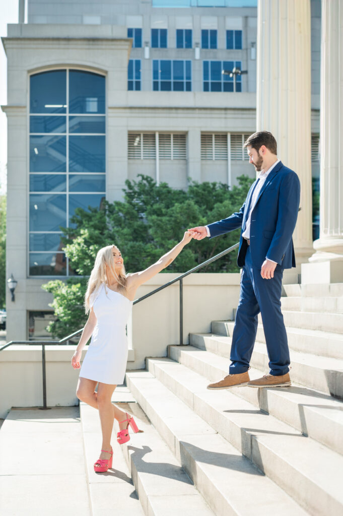 Grace Church downtown Greenville SC white church couples photoshoot down the steps 