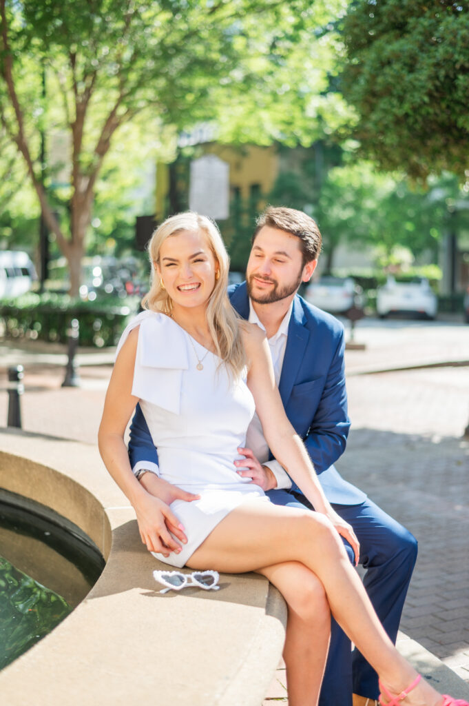 Poinsett Hotel engagement shoot in front of water fountain