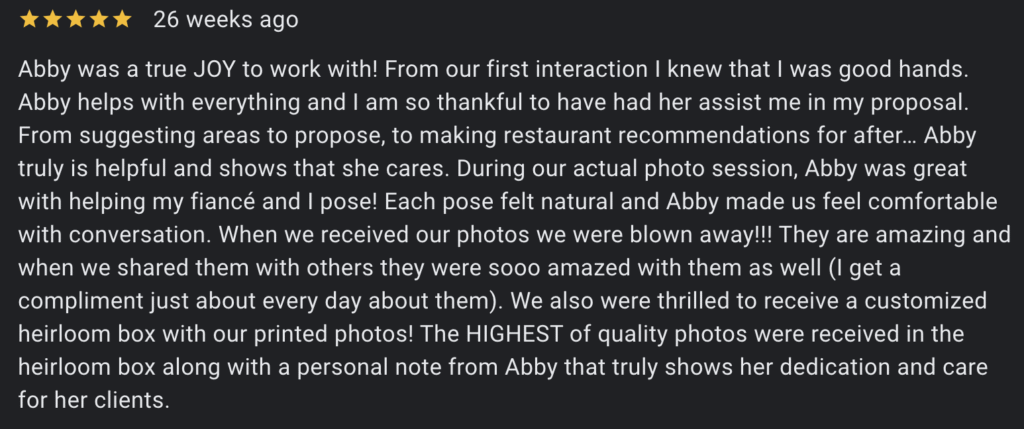 Five star review of Abby Joy Studio proposal engagement experience with overjoyed positive review