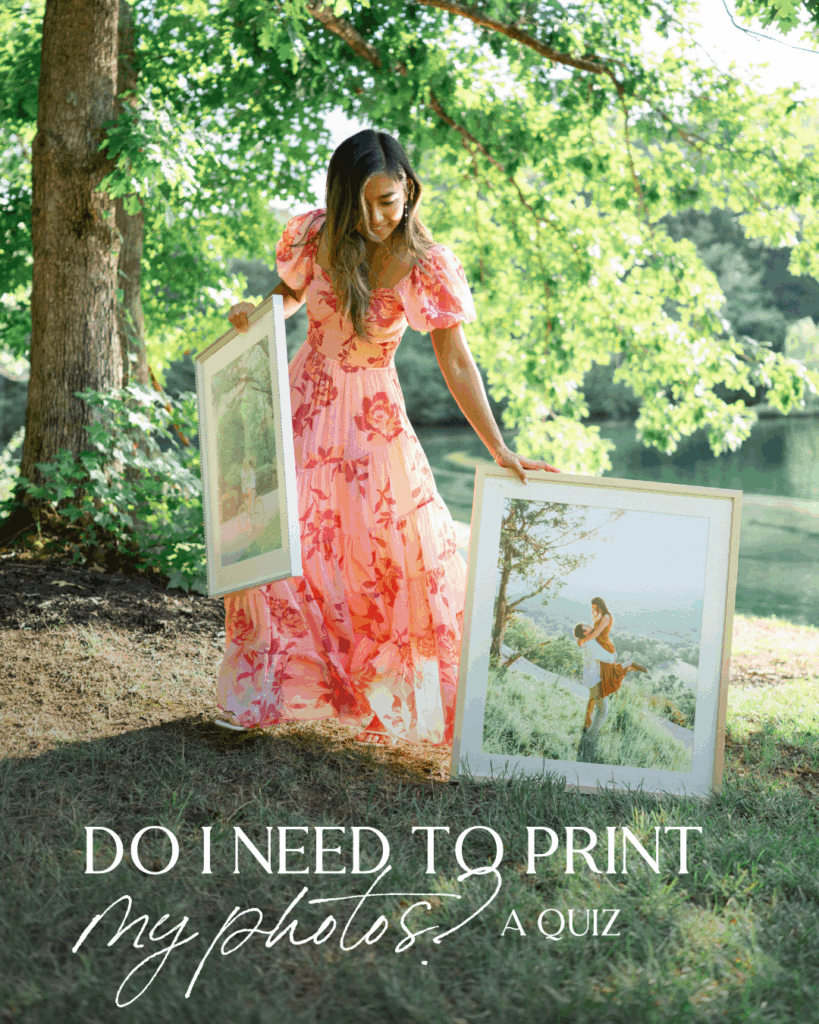 Female photographer in a pink flowy dress holding two frames photos outdoors in front of a tree and lake. Text reads 'Do I Need to Print My Photos?' A Quiz