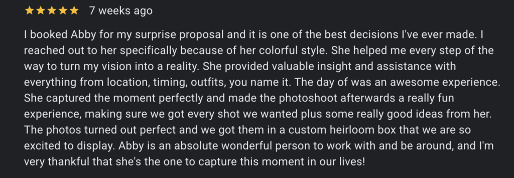Five star review of downtown Greenville SC proposal full-service photography experience.