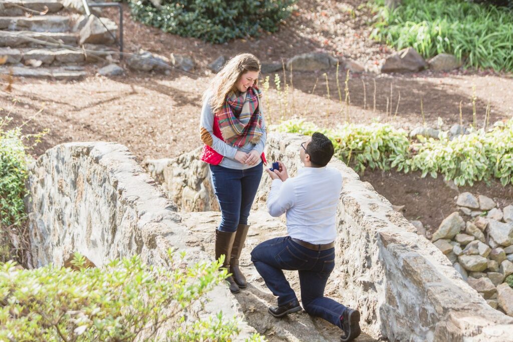 Kneeling on stone bridge for Rock Quarry Garden proposal 