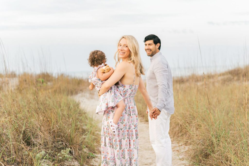 Dad Leads Mom and Baby at Grassy Hilton Head Beach